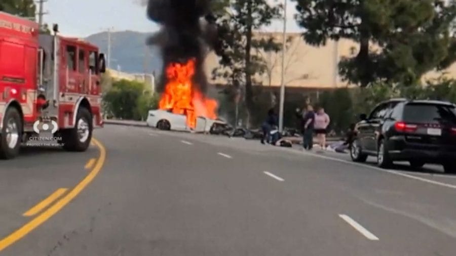 Three injured in fiery Tesla incident in San Fernando Valley