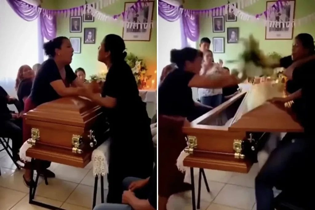 Wild video captures women brawling across coffin at funeral after learning they both dated the dead man