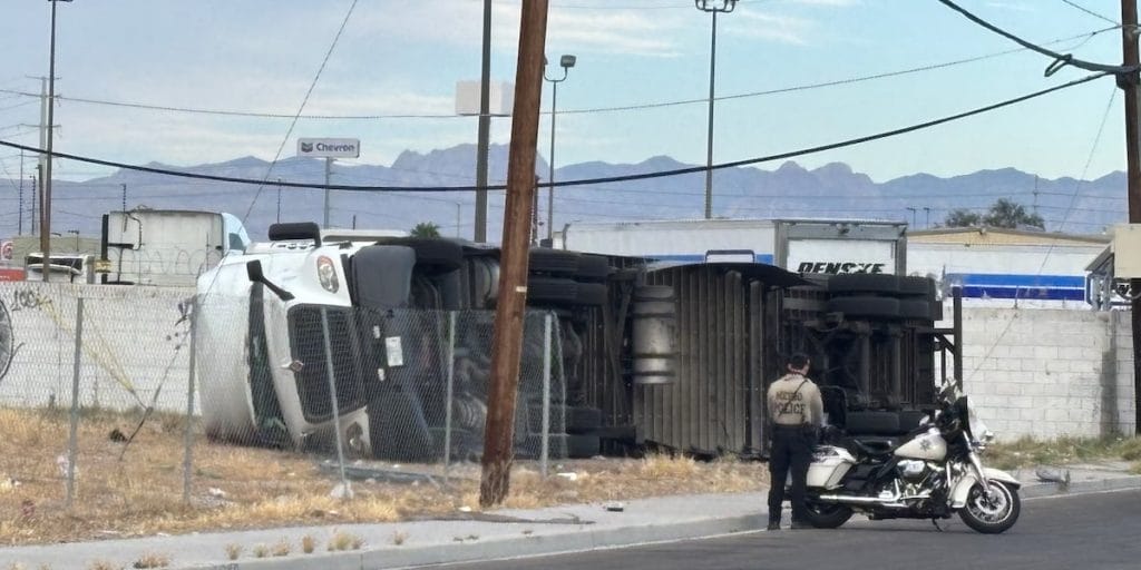 Overturned Semi Traps Driver at McWilliams Ave and J Street, Las Vegas